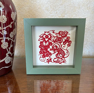 Chinese Zodiac Rat Cut Paper - Dark Brown Frame Size 6in x 6in