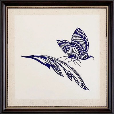 Cut Paper Wall Art SKU HD5-QL-3838-SK-LF - Brown Frame Blue Pattern- Frame Size 17in x 17in