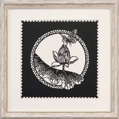 Cut Paper Wall Art SKU HH7-BK-3838-WT-LF - White Frame Black Pattern - Frame Size 17inx17in