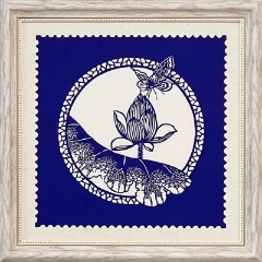 Cut Paper Wall Art SKU HH7-QL-3333-WT-SF - White Frame Blue Pattern - Frame Size 13 3/4inx13 3/4in