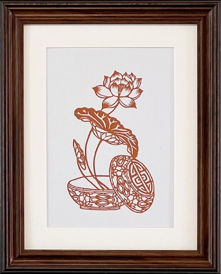 Cut Paper Wall Art SKU HH1-QK-3628-SK-SC - Brown Frame Red Pattern - Frame Size 13 3/4in x 16 3/4in