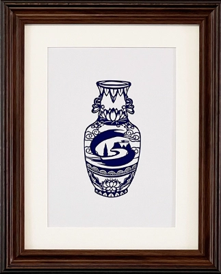 Cut Paper Wall Art SKU HP1-QL-3628-SK-SC - Brown Frame Blue Pattern - Frame Size 13 3/4inx16 3/4in