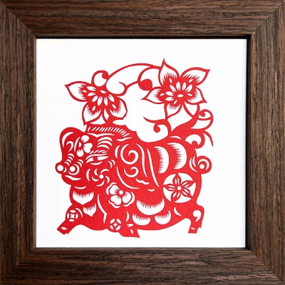 Chinese Zodiac Pig Cut Paper - Dark Brown Frame Size 6in x 6in