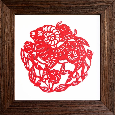Chinese Zodiac Goat Cut Paper - Dark Brown Frame Size 6in x 6in