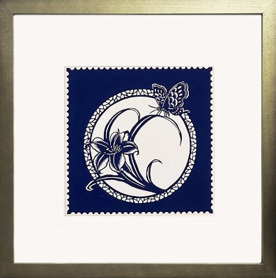 Cut Paper Wall Art SKU HD6-SL-6060-GD - Golden Wood Frame Navy Pattern - Frame Size 20inx20in