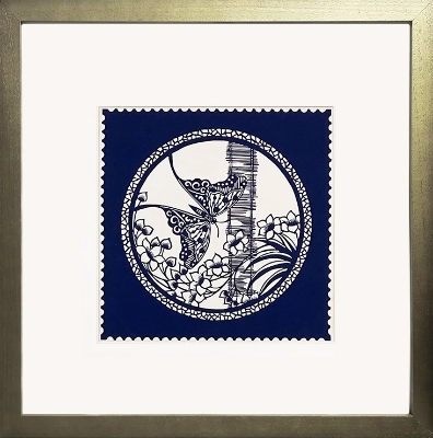 Cut Paper Wall Art SKU HD1-SL-6060-GD - Golden Wood Frame Navy Pattern - Frame Size 24inx24in