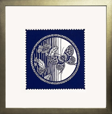 Cut Paper Wall Art SKU HD8-SL-6060-GD Golden Solid Wood Frame Navy Pattern- Frame Size 24in x 24in